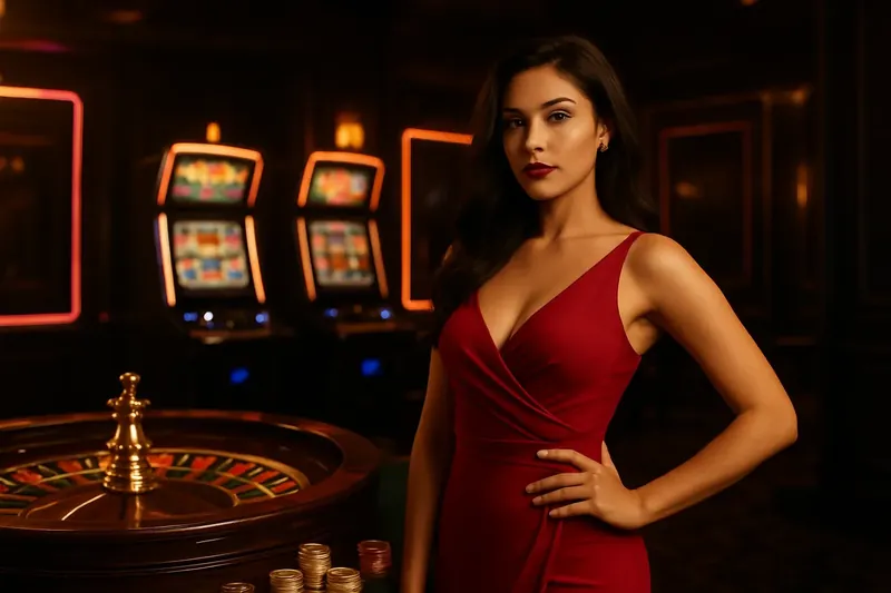 Elegant Casino Banner Beautiful woman in red dress standing near roulette and slot machines in luxury Bangladesh casino with neon lights and gold coins