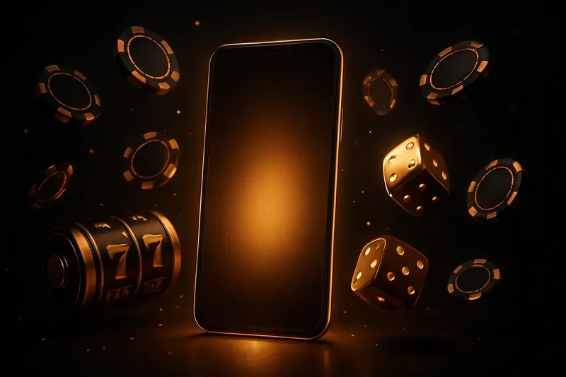 Casino Mobile Banner Glowing smartphone surrounded by casino chips, slot reels, and dice on a dark luxurious background
